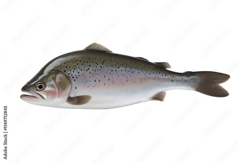 A whole trout with a streamlined body, featuring a silver-gray coloration on its sides and a darker back. The fish has a prominent eye and a slightly forked tail. The background is plain white , empha A whole trout with a streamlined body, featuring a silver-gray coloration on its sides and a darker back. The fish has a prominent eye and a slightly forked tail. The background is plain white , empha