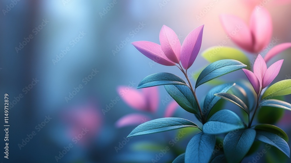 Soft pink flowers and teal leaves in sunlit forest. Soft pink flowers and teal leaves in sunlit forest.