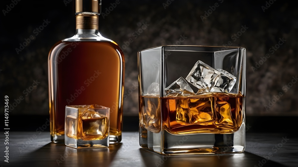 A high-end whiskey bottle next to a crystal glass filled with whiskey and a large ice cube, reflecting luxury.
A high-end whiskey bottle next to a crystal glass filled with whiskey and a large ice cube, reflecting luxury.
