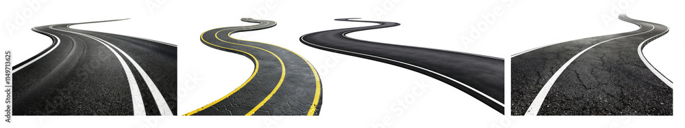 PNG Curved roads with white lines, element set on transparent background PNG Curved roads with white lines, element set on transparent background