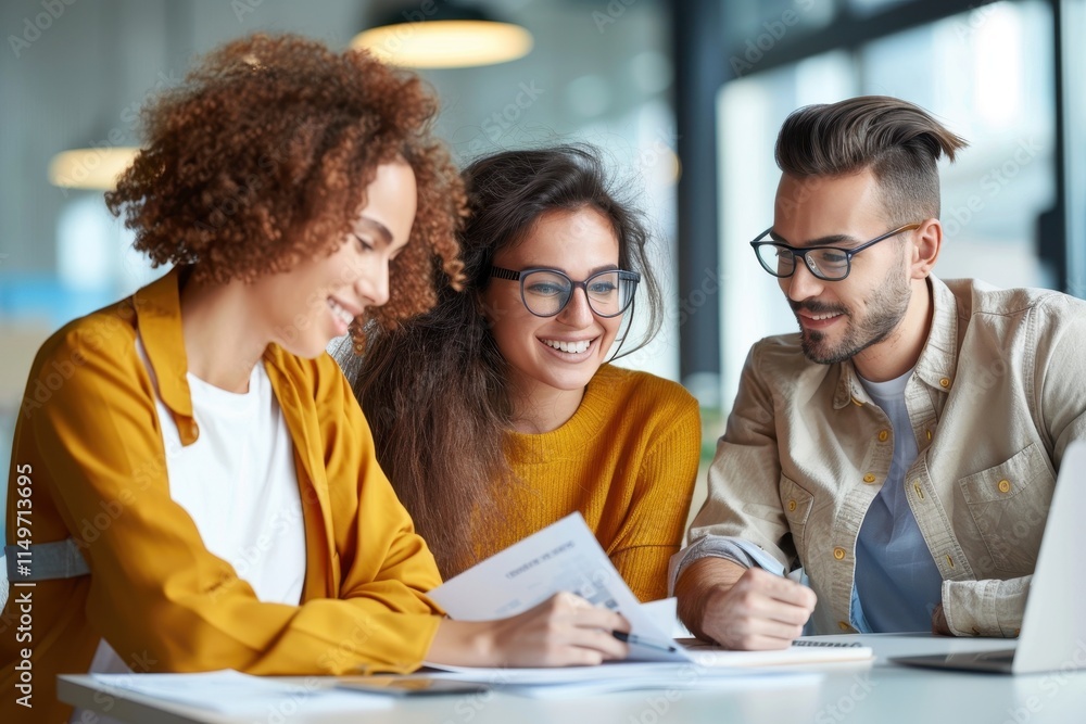 Three young professionals collaborate, sharing ideas and working together in a bright, modern office space. Three young professionals collaborate, sharing ideas and working together in a bright, modern office space.