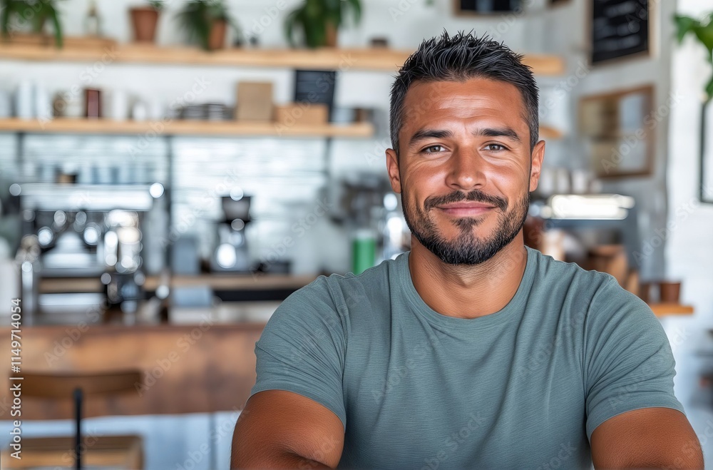 A man sitting at a table in a coffee shop smiling A man sitting at a table in a coffee shop smiling