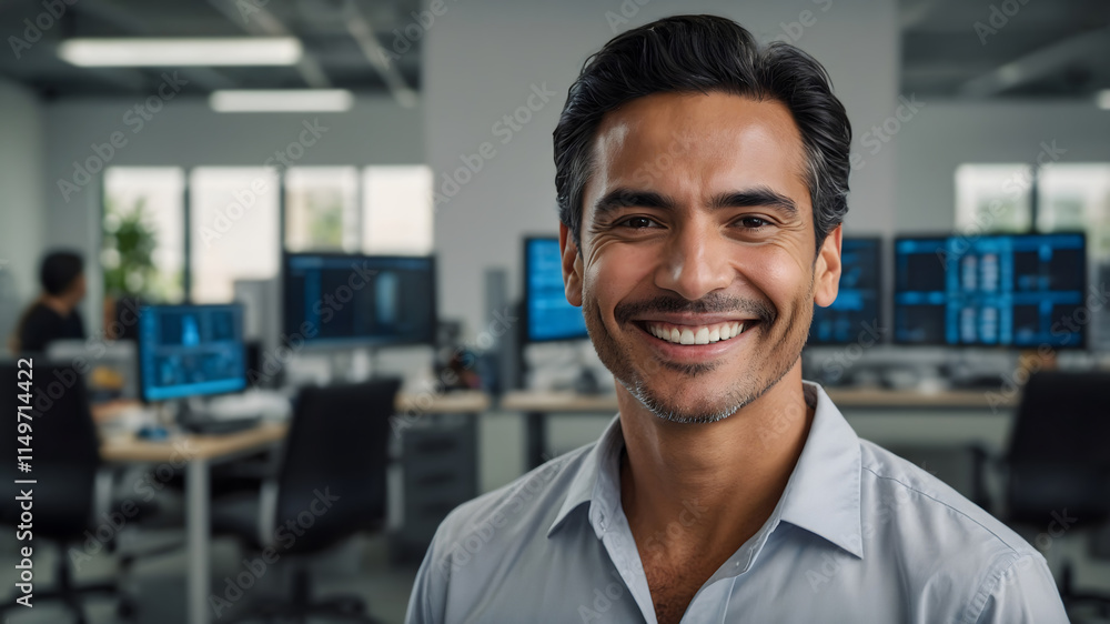 Obraz premium Confident Latin American Businessman in Suit Smiling in front of Computers in Office