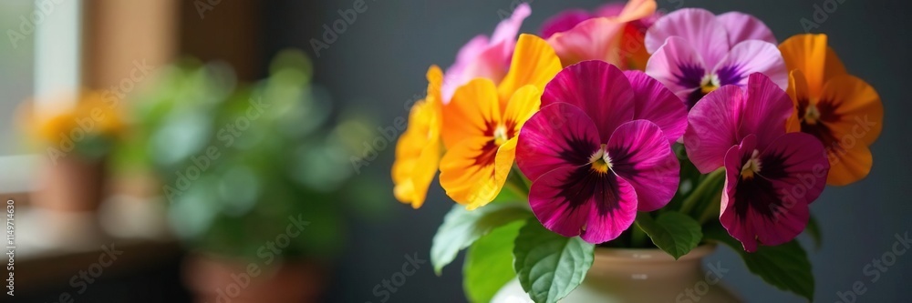 A bouquet of magenta and orange blooming pansy flowers are arranged in a decorative vase with soft focus surrounding the main subject,, pansies, group shot A bouquet of magenta and orange blooming pansy flowers are arranged in a decorative vase with soft focus surrounding the main subject,, pansies, group shot