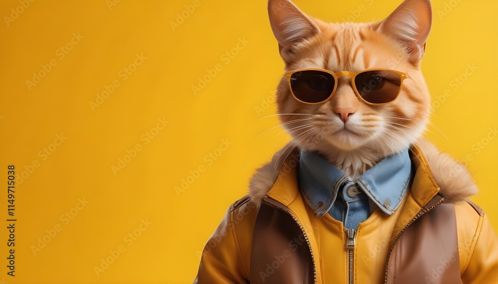 Cat character wearing sunglasses and a stylish jacket , with a bright yellow background . The character has detailed fur and a human-like posture Cat character wearing sunglasses and a stylish jacket , with a bright yellow background . The character has detailed fur and a human-like posture