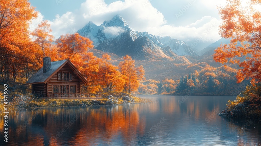 Obraz premium Autumnal log cabin, lake, mountain reflections.