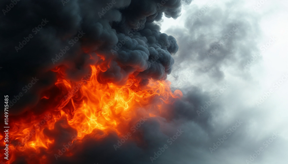 Intense flames and dark smoke billowing during a fire in an urban area at sunset Intense flames and dark smoke billowing during a fire in an urban area at sunset
