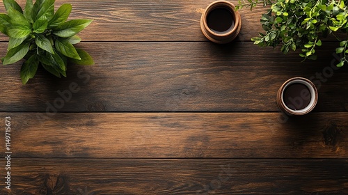 Natural rustic wooden table top view with a cup of coffee and houseplants on top. Copy space