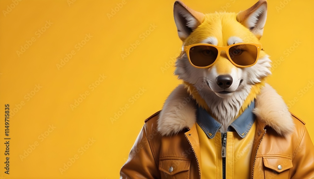 Wolf character wearing sunglasses and a stylish jacket , with a bright yellow background . The character has detailed fur and a human-like posture Wolf character wearing sunglasses and a stylish jacket , with a bright yellow background . The character has detailed fur and a human-like posture