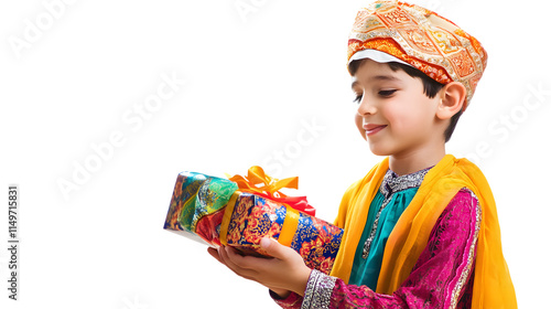 A child receiving an Eid gift in colorful wrapping, isolated on white  photo