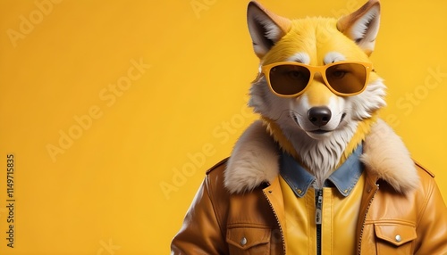 Wolf character wearing sunglasses and a stylish jacket , with a bright yellow background . The character has detailed fur and a human-like posture