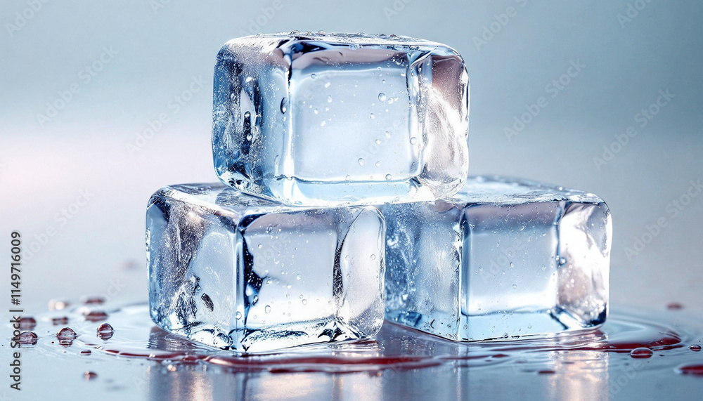 Ice cubes stacked on a surface with water droplets, reflecting soft light in a cool atmosphere Ice cubes stacked on a surface with water droplets, reflecting soft light in a cool atmosphere