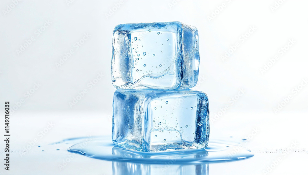 Two frozen ice cubes resting on a reflective surface with melted water around them in a bright setting Two frozen ice cubes resting on a reflective surface with melted water around them in a bright setting