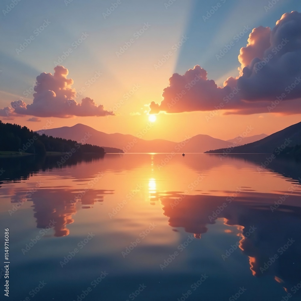 Obraz premium A calm lake at dawn with a bright sun peeking above the water, lake, clouds