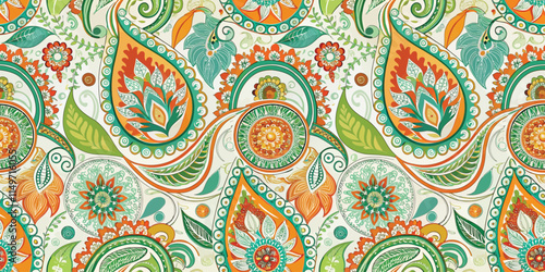 Vibrant paisley pattern with floral motifs in orange, green, and teal hues.