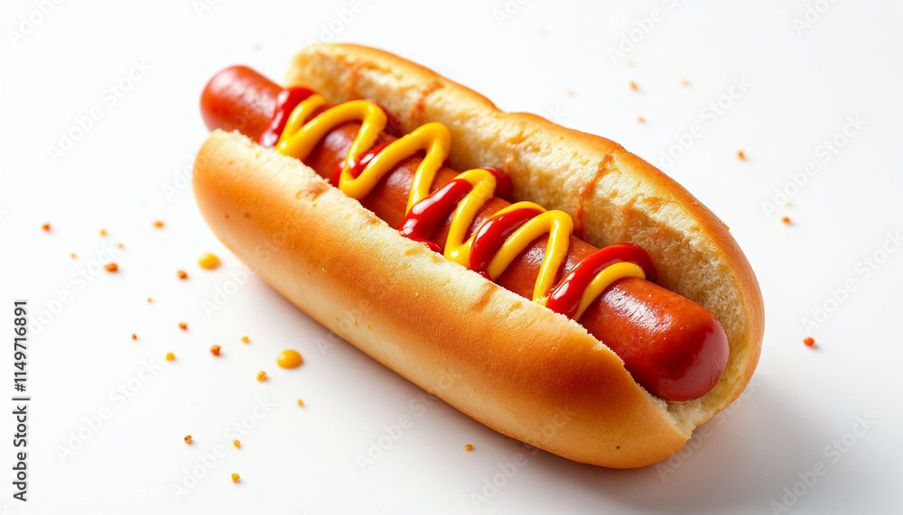 Classic hot dog with mustard and ketchup on a soft bun, perfect for summer cookouts and picnics Classic hot dog with mustard and ketchup on a soft bun, perfect for summer cookouts and picnics