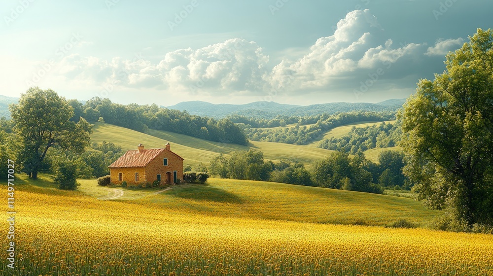Stone house, yellow field, rolling hills, sunny day. Stone house, yellow field, rolling hills, sunny day.