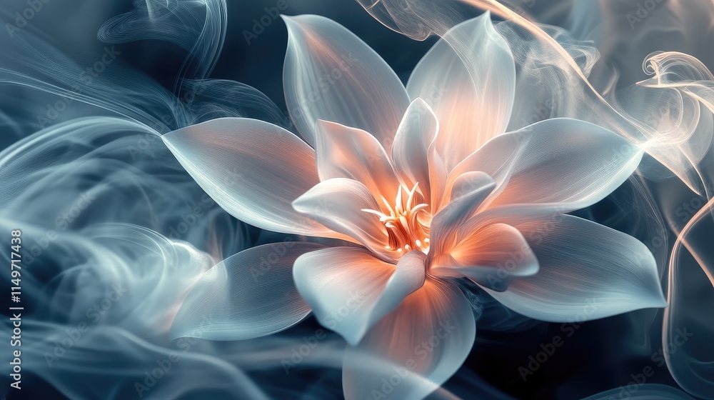 Obraz premium A 3D flower pattern wallpaper with light steam curling around it, offering a soothing atmosphere with soft lighting and smooth texture.
