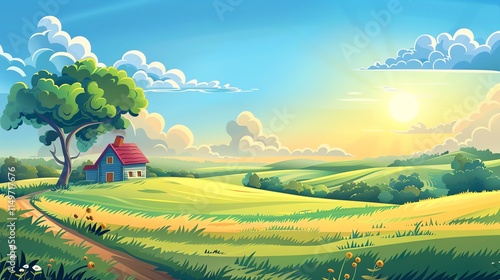 A cartoon illustration of a sunny countryside scene with a winding road leading up a hill to a house.