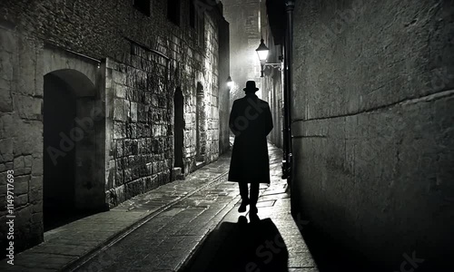 Mysterious Night Stroll: A Man in a Long Coat Walks Down a Dark Alleyway