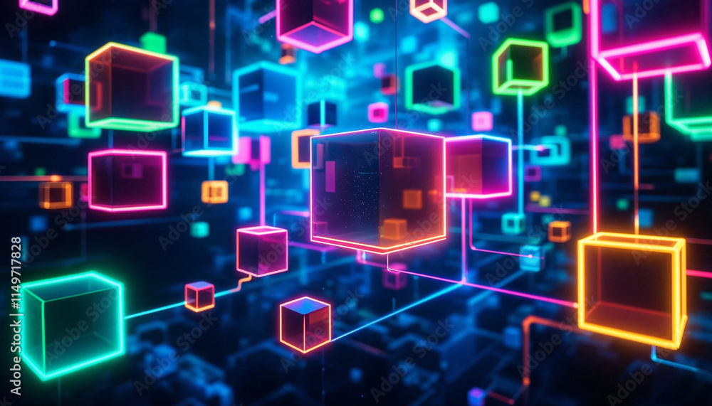 Colorful neon cubes floating in a virtual space with glowing connections and vibrant lights Colorful neon cubes floating in a virtual space with glowing connections and vibrant lights