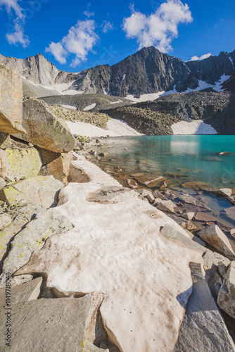 Edge of Upper Akchan lake. Mountain Altai landscape photo