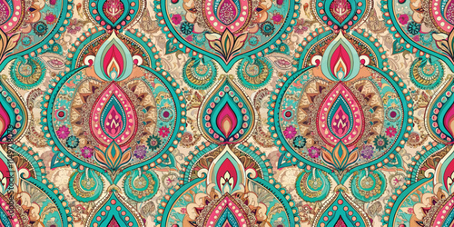 Vibrant paisley pattern in teal, pink, and gold hues, featuring intricate floral designs.