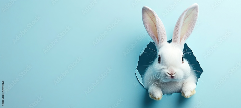 Obraz premium Adorable White Rabbit Peeking Through a Hole in Blue Paper Background, Captivating Easter Bunny Image