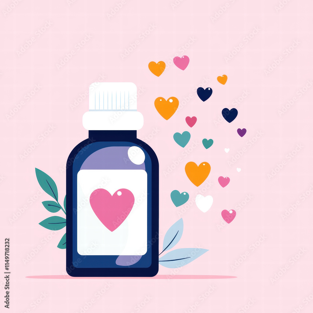 colorful bottle with heart design, surrounded by floating hearts and leaves, evokes feelings of love and care colorful bottle with heart design, surrounded by floating hearts and leaves, evokes feelings of love and care