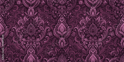 Rich purple floral damask pattern with intricate detailing.