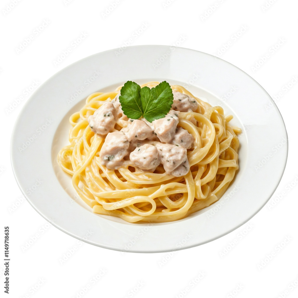 A serving of chicken Alfredo pasta with creamy sauce A serving of chicken Alfredo pasta with creamy sauce