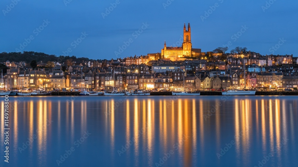Obraz premium Twilight cityscape with harbor, church, and reflections.