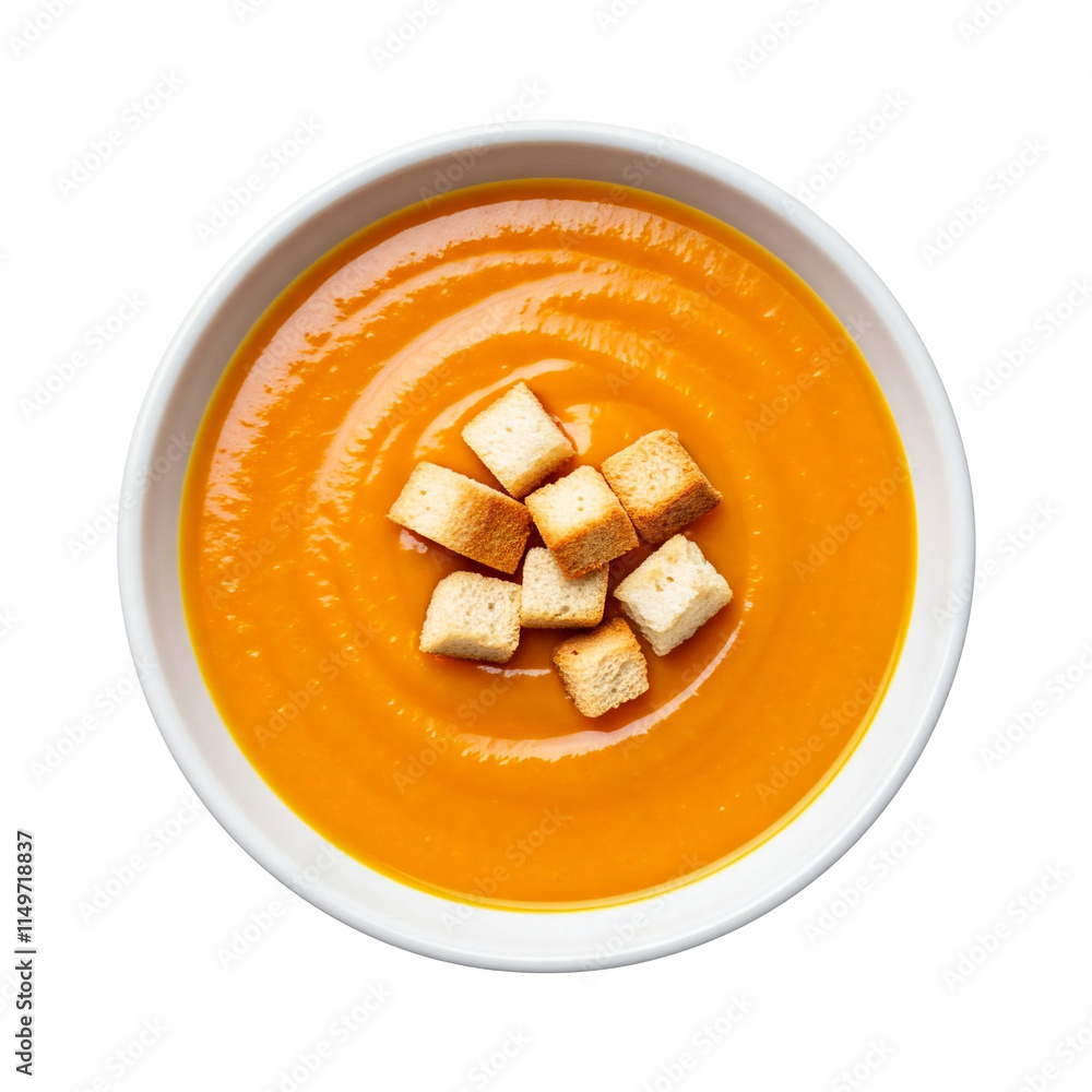 A bowl of pumpkin soup topped with croutons A bowl of pumpkin soup topped with croutons