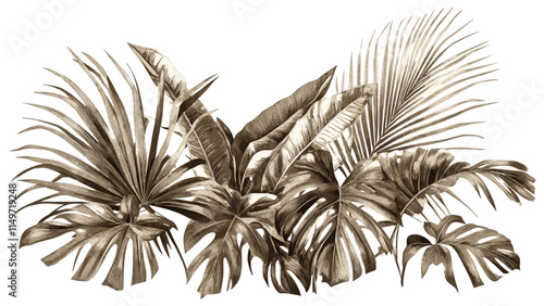 Old Botanical Art of Palm Fronds, Vintage Sepia Tone Illustration, Palm Leaf Vector Drawing, Retro Botanical Design, Sepia Palm Fronds, Natural Vintage Palm Art, Palm Leaf Sketch