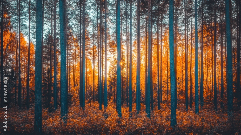 Obraz premium Serene Autumn Forest Landscape at Sunset with Tall Trees and Vibrant Orange and Yellow Foliage Creating a Breathtaking Nature Scene in the Wilderness