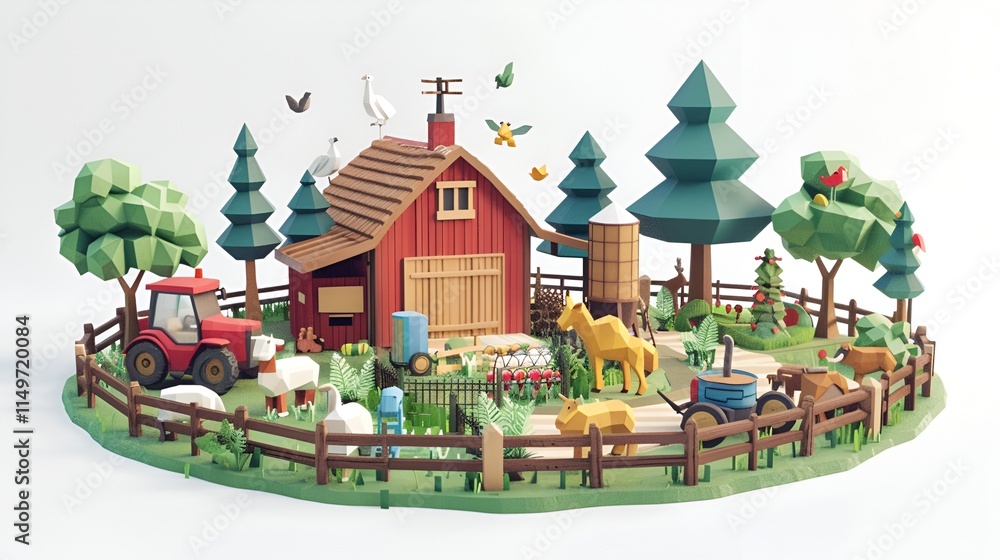 Minimalistic low-poly farm with crops and farmhouse, isolated on white background