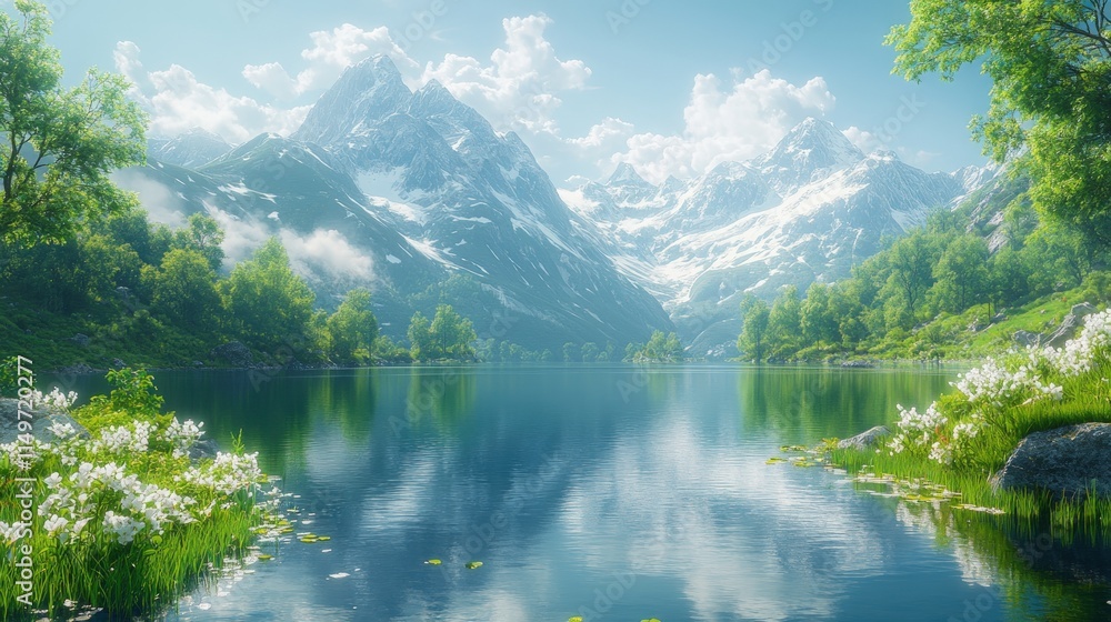Fototapeta premium Serene mountain lake, lush greenery, white flowers.