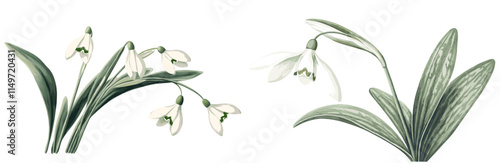 Vintage botanical art of a snowdrop flower in soft white and green hues, with detailed intricate leaves, offering a charming and delicate floral depiction for art lovers