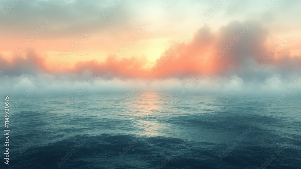 Obraz premium Serene ocean sunset with misty horizon.