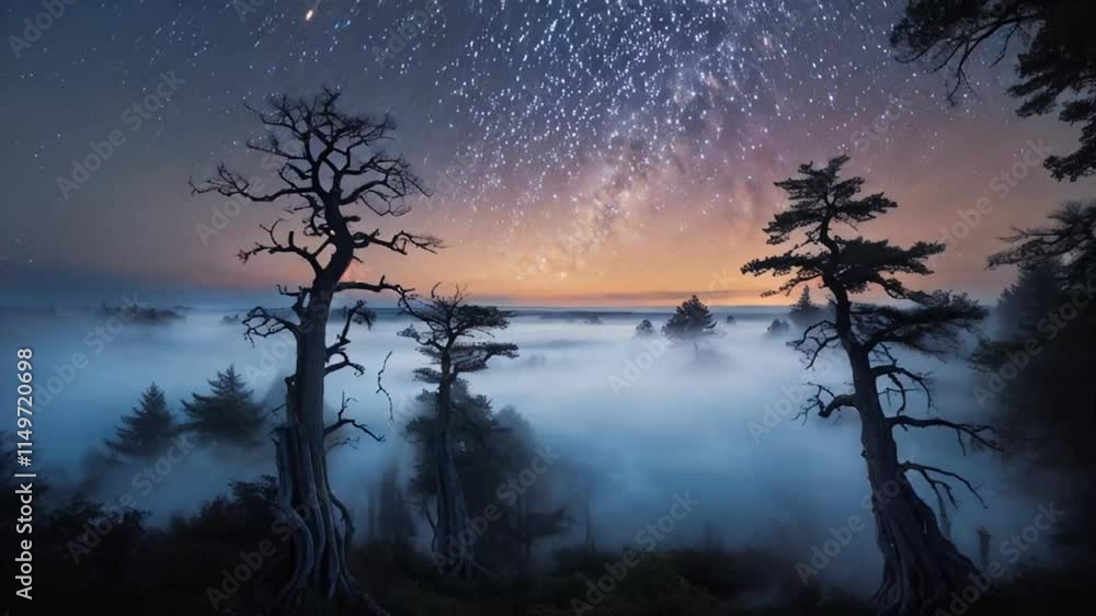 Amazing night forest, trees, fog, starry sky
Amazing night forest, trees, fog, starry sky