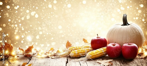 Autumn Harvest Scene- White Pumpkin, Apples, Corn, and Festive Lights photo