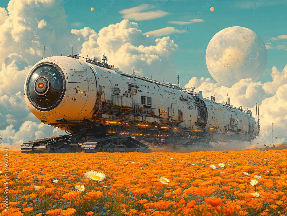 a futuristic tracked mobile platform spaceship hovering above a field of vibrant orange flowers, with a large moon and fluffy clouds in the background. a futuristic tracked mobile platform spaceship hovering above a field of vibrant orange flowers, with a large moon and fluffy clouds in the background.