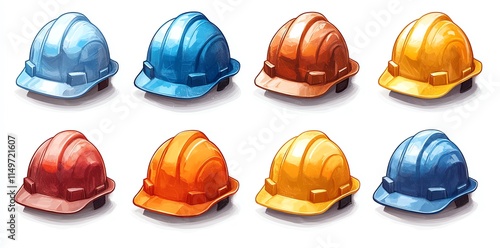 Eight colorful hard hats on white background.