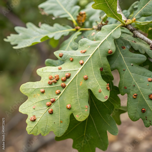 galls on oak leaf caused by gall wasp photo