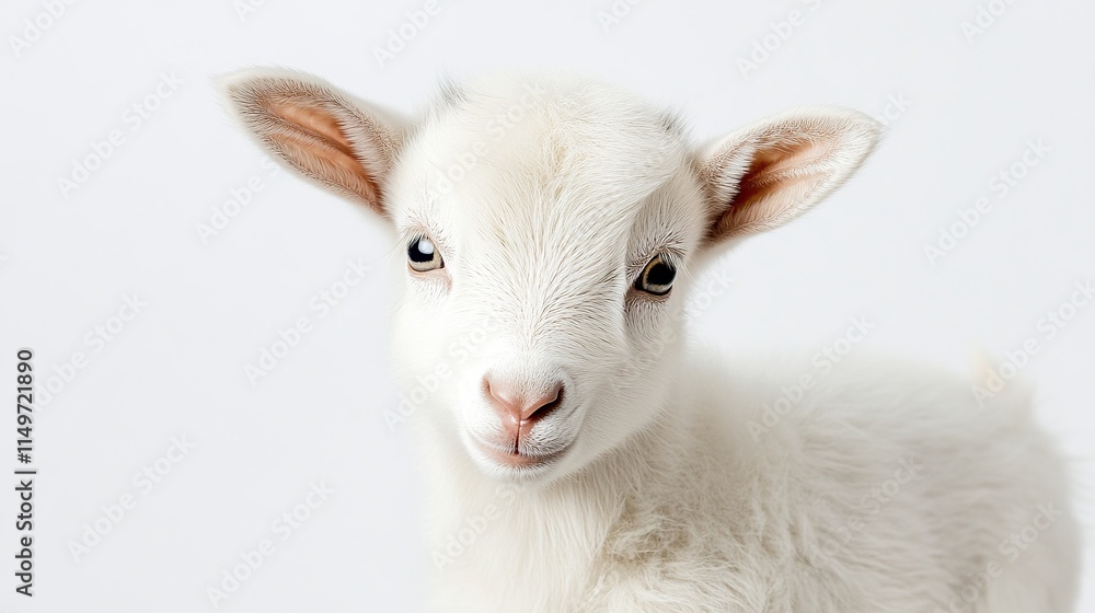 Obraz premium A cute white baby goat is looking at the camera isolated on a white background