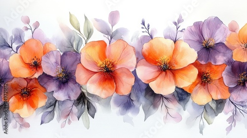 Watercolor floral border with orange and purple flowers, leaves, and branches.