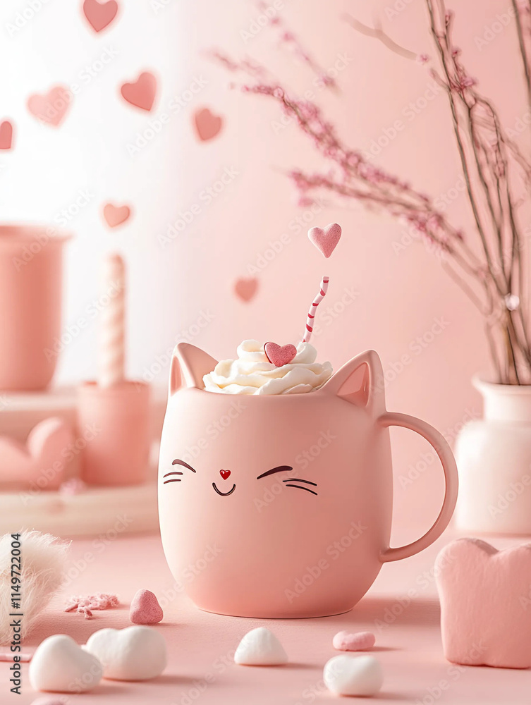 Adorable taza en tonos rosa pastel con orejas de gato y corazones. Kawaii. Adorable taza en tonos rosa pastel con orejas de gato y corazones. Kawaii.
