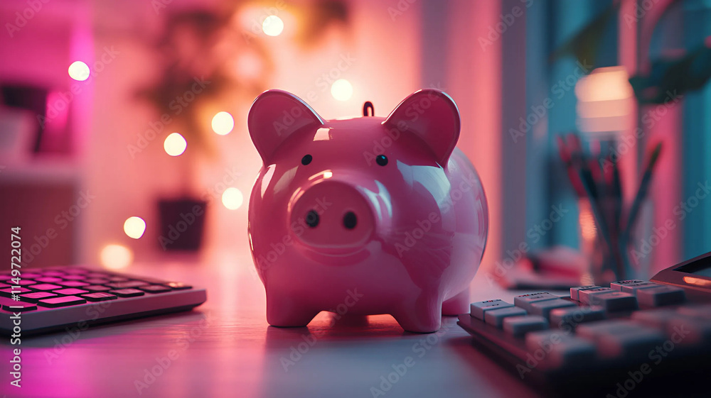Hucha de cerdito junto a una calculadora en colores rosas Hucha de cerdito junto a una calculadora en colores rosas