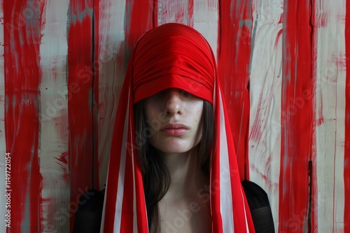 Portrait of a blindfolded young woman with a red and white striped scarf covering her eyes, posing against a vibrant, vertically striped background