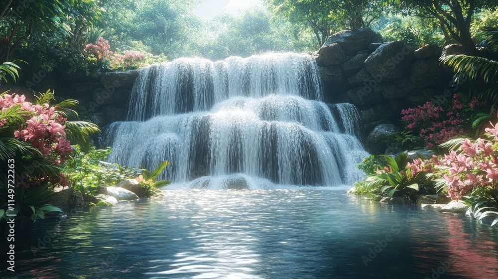 Serene waterfall flows into lush tropical pool. Serene waterfall flows into lush tropical pool.